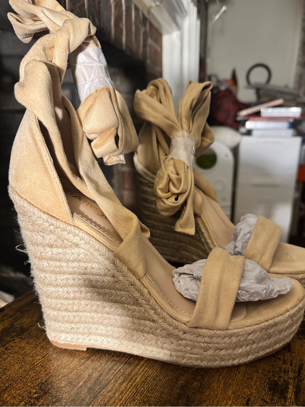 Allegra K Tan Suede Leg Wrap Wedge Espadrilles